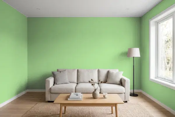 Living room with walls painted PPG Paints Hearty Hosta 1223-5 (simulated)