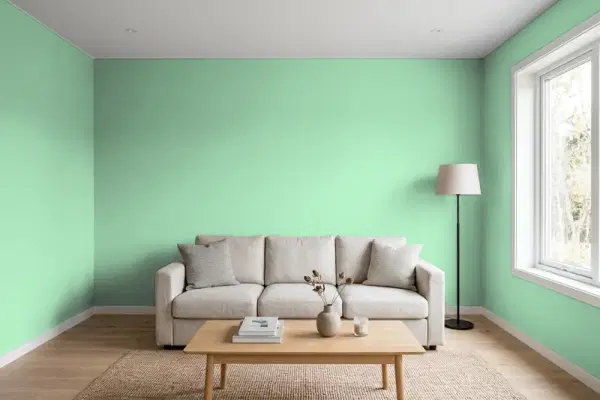 Living room with walls painted PPG Paints Heath Green 1226-4 (simulated)