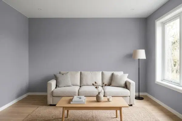 Living room with walls painted Behr Heather Field ECC-23-2 (simulated)