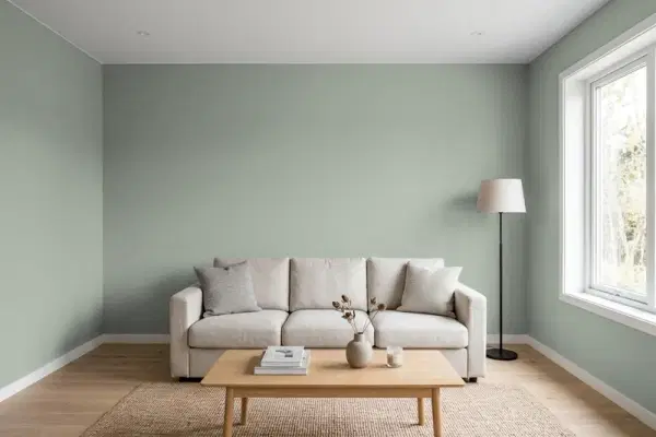 Living room with walls painted Benjamin Moore Heather Gray 2139-40 (simulated)