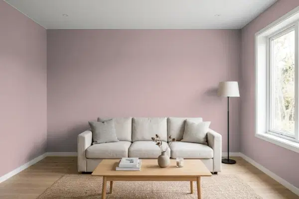 Living room with walls painted Behr Heirloom Orchid 110F-4 (simulated)