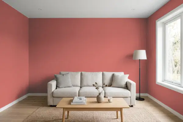 Living room with walls painted Benjamin Moore Heirloom Quilt CSP-1185 (simulated)