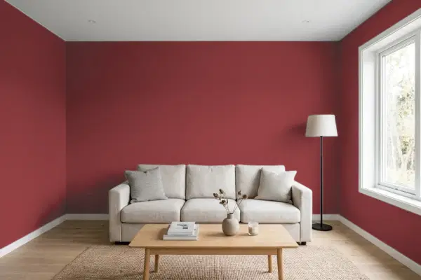 Living room with walls painted Valspar Heirloom Red 1010-3 (simulated)