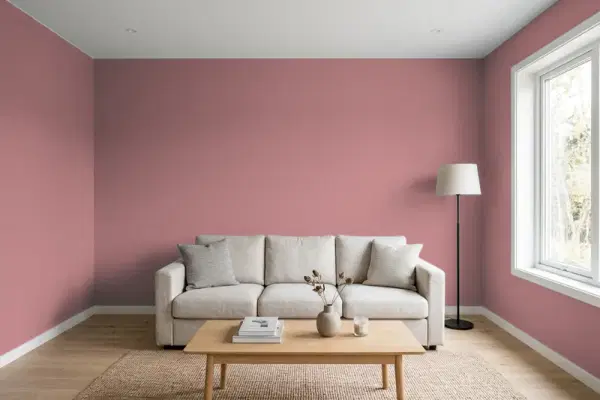 Living room with walls painted Behr Heirloom Rose S130-5 (simulated)
