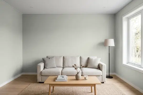 Living room with walls painted Behr Heirloom Silver PPU25-08 (simulated)
