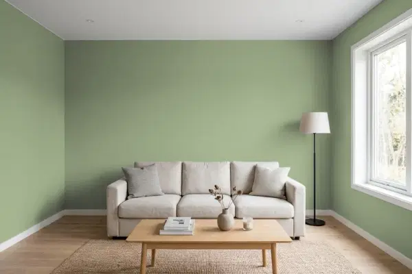 Living room with walls painted Behr Herbal Scent ICC-76 (simulated)