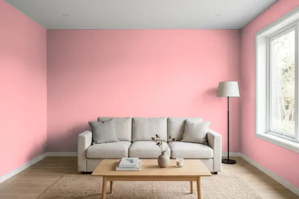 Living room with walls painted Behr Hibiscus Petal 140C-3 (simulated)