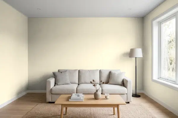 Living room with walls painted Benjamin Moore Hidden Cove CSP-1030 (simulated)