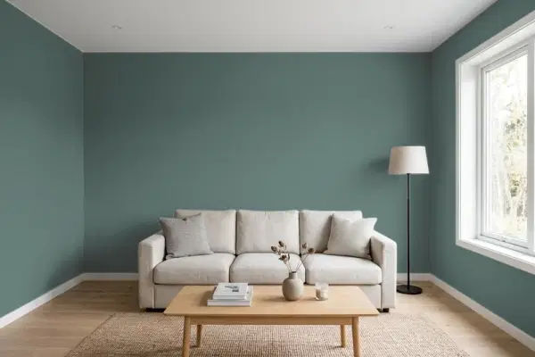 Living room with walls painted Behr Hidden Gem N430-6A (simulated)