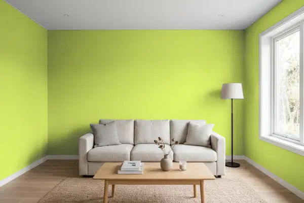 Living room with walls painted Behr Hidden Meadow 410B-5 (simulated)