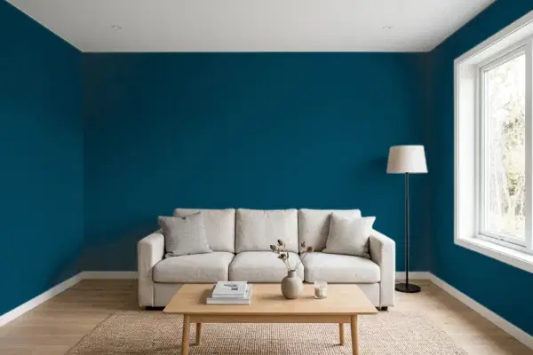 Living room with walls painted Benjamin Moore Hidden Sapphire CSP-690 (simulated)