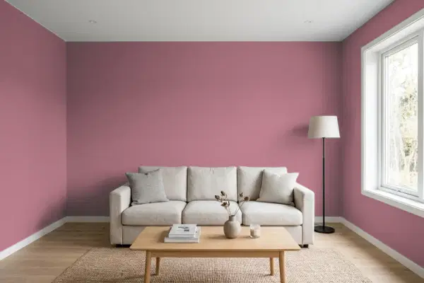 Living room with walls painted Valspar High Country Rose 1007-5B (simulated)