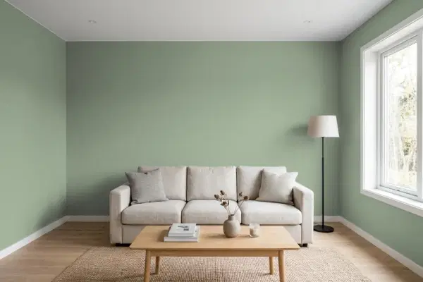 Living room with walls painted Benjamin Moore High Park 467 (simulated)