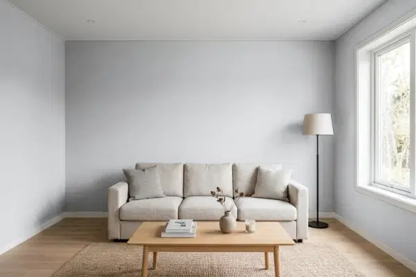Living room with walls painted Behr High Speed Access N530-3 (simulated)