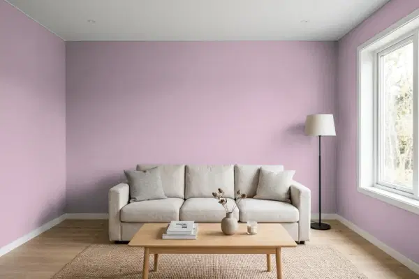 Living room with walls painted Behr Highland Thistle S110-4 (simulated)