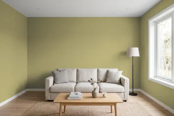 Living room with walls painted Benjamin Moore Hiking Path 524 (simulated)