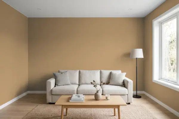 Living room with walls painted Benjamin Moore Hillcrest Tan 1078 (simulated)