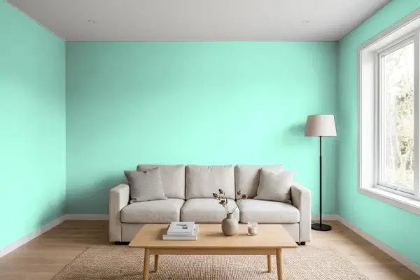 Living room with walls painted Benjamin Moore Hills of Ireland 612 (simulated)