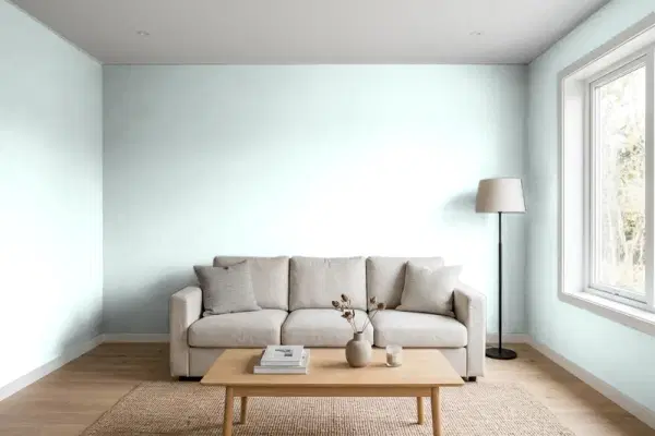 Living room with walls painted Behr Himalayan Mist 500C-1 (simulated)