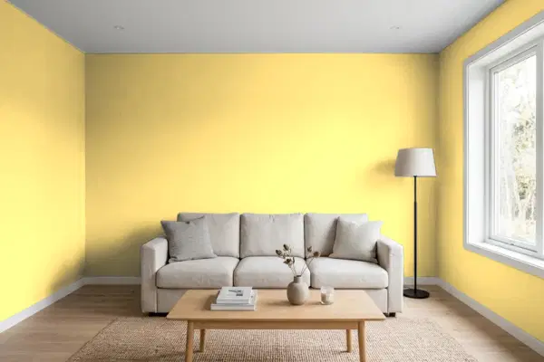 Living room with walls painted Valspar Hint of Honey 3005-1C (simulated)
