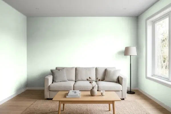 Living room with walls painted PPG Paints Hint Of Mint 1225-1 (simulated)