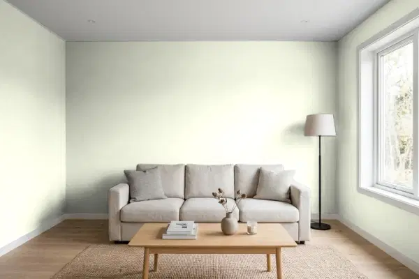 Living room with walls painted PPG Paints Hint Of Pine 1028-1 (simulated)