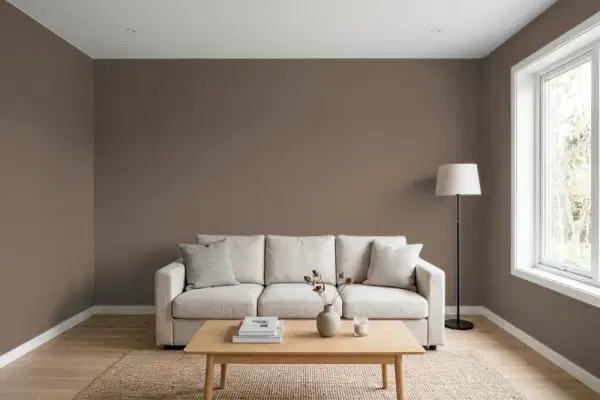 Living room with walls painted Sherwin-Williams Homestead Brown SW 7515 (simulated)