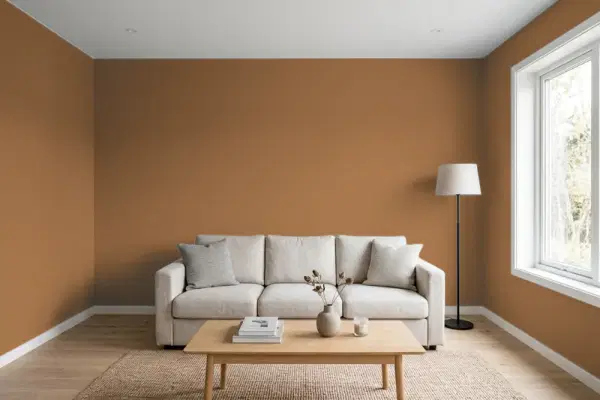 Living room with walls painted Benjamin Moore Honeycomb 1120 (simulated)
