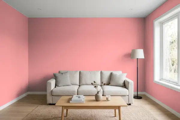 Living room with walls painted Valspar Honeysuckle Rose 2002-3C (simulated)