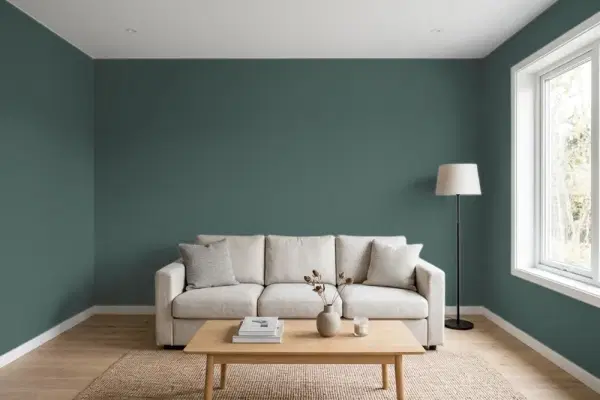 Living room with walls painted Behr Hostaleaf MQ6-09 (simulated)