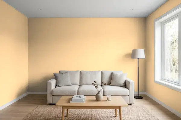 Living room with walls painted Sherwin-Williams Humble Gold SW 6380 (simulated)