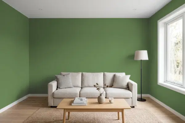 Living room with walls painted Behr Hummingbird Green MQ6-48 (simulated)