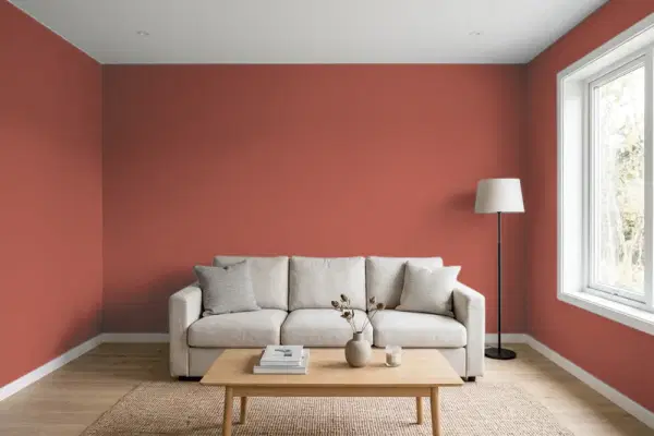 Living room with walls painted PPG Paints Hunt Club Red 16-29 (simulated)