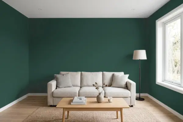 Living room with walls painted Benjamin Moore Hunter Green 2041-10 (simulated)