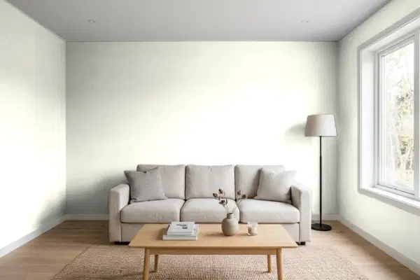 Living room with walls painted Behr Hushed White W-F-710 (simulated)