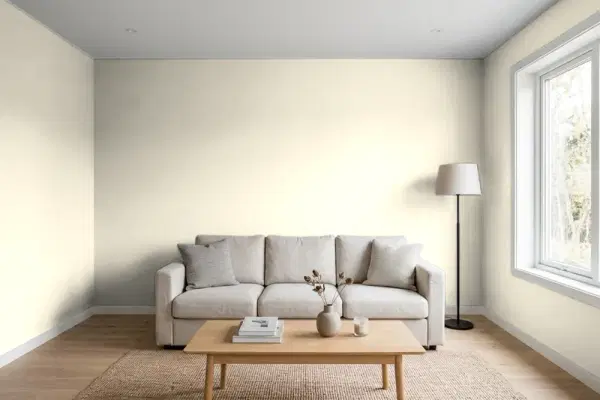 Living room with walls painted Behr Ibis BXC-11 (simulated)