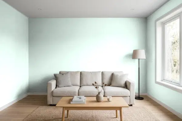 Living room with walls painted Behr Ice Cube 490C-1 (simulated)