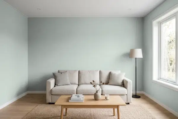 Living room with walls painted Benjamin Moore Iced Marble 1578 (simulated)