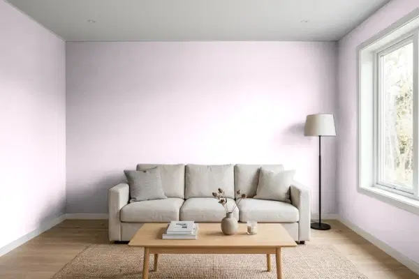 Living room with walls painted Behr Iced Mauve 680E-2 (simulated)