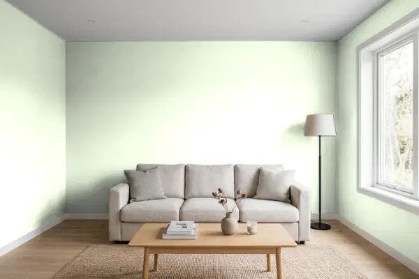 Living room with walls painted Benjamin Moore Iced Mint 2030-70 (simulated)