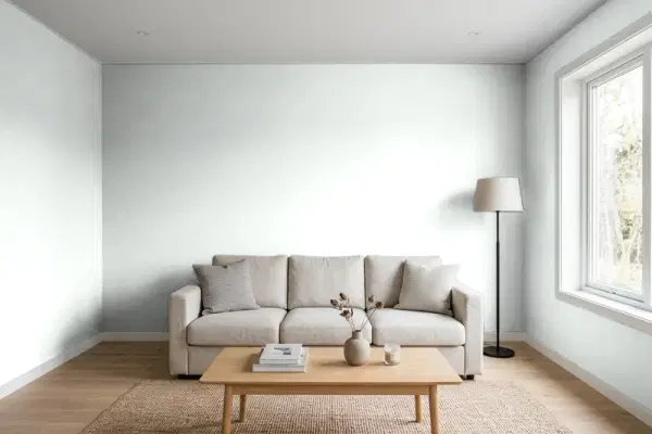 Living room with walls painted PPG Paints Icy Bay 1012-1 (simulated)