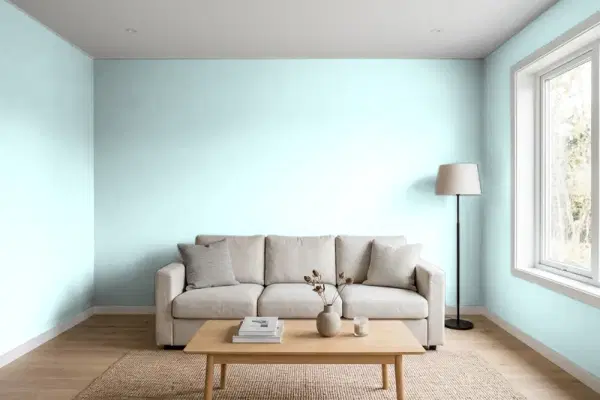 Living room with walls painted Benjamin Moore Icy Moon Drops 2056-70 (simulated)