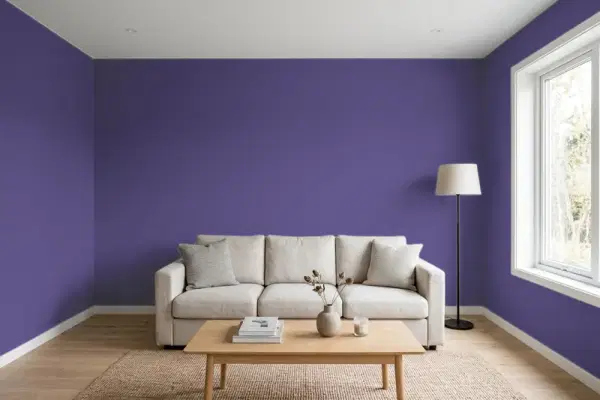 Living room with walls painted PPG Paints Imperial Purple 1175-7 (simulated)