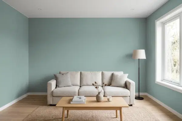Living room with walls painted Behr In The Moment T18-15 (simulated)
