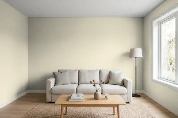 Living room with walls painted Benjamin Moore Inner Balance 1522 (simulated)