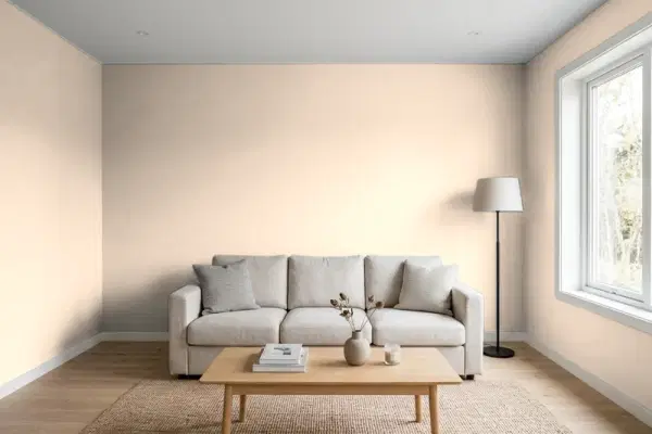 Living room with walls painted Benjamin Moore Inner Peach 1150 (simulated)