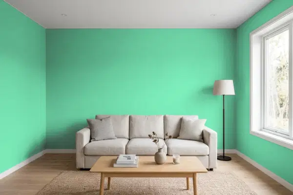 Living room with walls painted Behr Intense Jade 470B-4 (simulated)