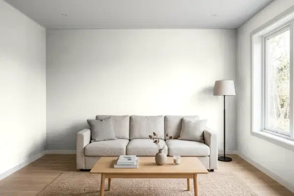 Living room with walls painted Benjamin Moore Intense White OC-51 (simulated)