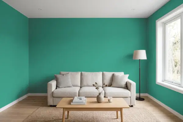 Living room with walls painted Sherwin-Williams Ionian SW 6754 (simulated)