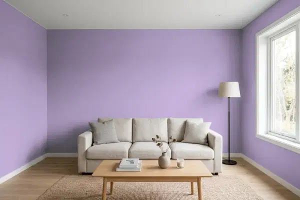 Living room with walls painted Valspar Iris Blossom 1001-5C (simulated)